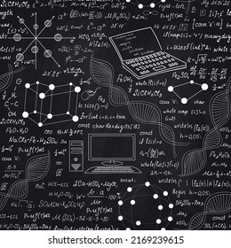 Scientific Vector Seamless Background With Biology And Informatics Handwritten Formulas, Computers, Dna Strands, Chalk Writings On Blackboard