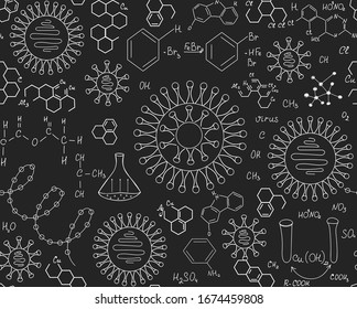Scientific vector seamless background with chemical formulas, equations,  viruses, handwritten on grey blackboard with chalk