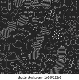 Scientific vector seamless background with chemical formulas, equations,  viruses, handwritten on grey blackboard with chalk