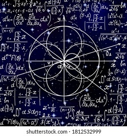 Scientific vector seamless background with geometric figures and algebra calculations