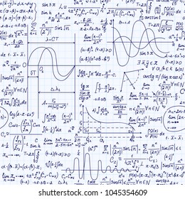 Scientific vector seamless background with handwritten physics plots, figures, formulas, "text on grid copybook paper" effect