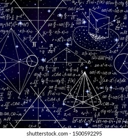 Scientific vector seamless background with handwritten math and physics formulas, figures and calculations over space stars
