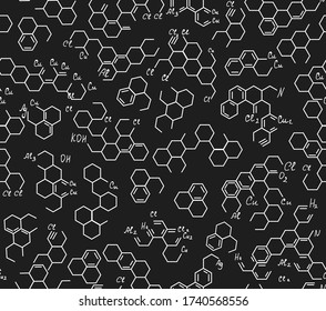 Scientific vector seamless background with handwritten chemical formulas, equations and elements