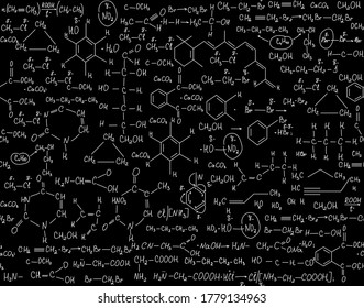 Scientific vector seamless background with handwritten chemical formulas, tasks and equations