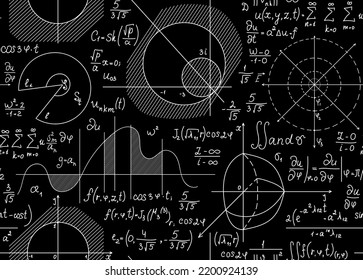 Scientific vector seamless background with handwritten with chalk on a blackboard mathematical calculations, equations and plots