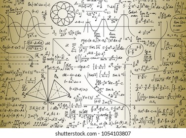 Scientific vector seamless background with mathematical and physical formulas, "handwriten on old paper" effect