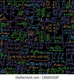 Scientific vector seamless background with mathematical handwritten multicolored formulas, equations and calculations