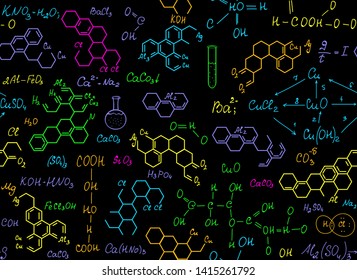 Scientific vector seamless endless pattern with handwritten multicolored chemistry formulas