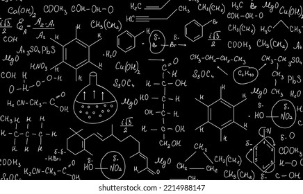 Wissenschaftliche, nahtlose, endlose Textur mit chemischen Formeln, Gleichungen, Viren und DNA, handschriftlich auf einer Tafel mit Kreide