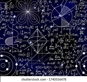 Scientific vector seamless with handwritten math formulas, calculations and figures on starry space background