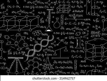 Scientific vector seamless pattern with chemical and physical formulas, plots and schemes. Endless texture. You can use any color of background