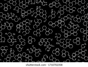 Scientific vector seamless pattern with chemistry formulas, handwritten with chalk on a blackboard