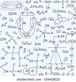 Scientific vector seamless pattern with chemistry formulas, plots and equations, handwritten on a grid copybook paper