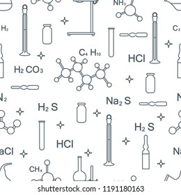 Scientific vector seamless pattern with flasks, test tubes, beakers, tools and formulas. Education elements. Chemistry, biology, medicine.