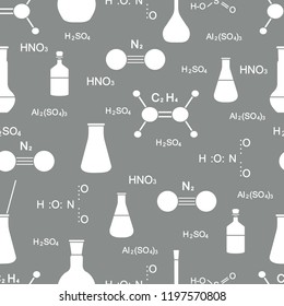 Scientific vector seamless pattern with flasks, beakers, molecule structure and formulas. Education elements. Chemistry, biology, medicine.