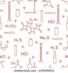 Scientific vector seamless pattern with flasks, test tubes, beakers, tools and formulas. Education elements. Chemistry, biology, medicine.