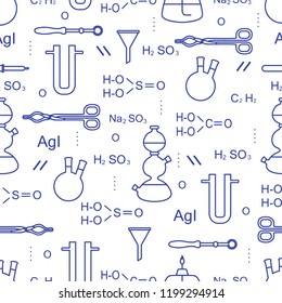 Scientific vector seamless pattern with flasks, burners, funnels, tools and formulas. Education elements. Chemistry, biology, medicine.