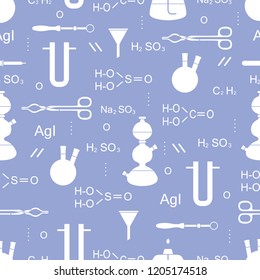 Scientific vector seamless pattern with flasks, burners, funnels, tools and formulas. Education elements. Chemistry, biology, medicine.