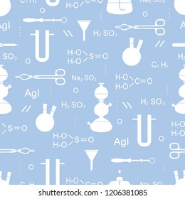 Scientific vector seamless pattern with flasks, burners, funnels, tools and formulas. Education elements. Chemistry, biology, medicine.