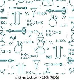 Scientific vector seamless pattern with flasks, burners, funnels, tools and formulas. Education elements. Chemistry, biology, medicine.