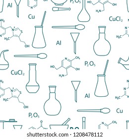 Scientific vector seamless pattern with flasks, test tubes, beakers, tools and formulas. Education elements. Chemistry, biology, medicine.