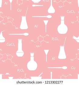 Scientific vector seamless pattern with flasks, test tubes, beakers, tools and formulas. Education elements. Chemistry, biology, medicine.