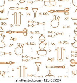 Scientific vector seamless pattern with flasks, burners, funnels, tools and formulas. Education elements. Chemistry, biology, medicine.