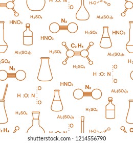 Scientific vector seamless pattern with flasks, beakers, molecule structure and formulas. Education elements. Chemistry, biology, medicine.