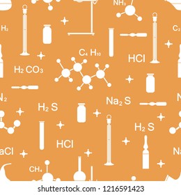 Scientific vector seamless pattern with flasks, test tubes, beakers, tools and formulas. Education elements. Chemistry, biology, medicine.