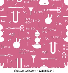 Scientific vector seamless pattern with flasks, burners, funnels, tools and formulas. Education elements. Chemistry, biology, medicine.