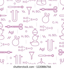 Scientific vector seamless pattern with flasks, burners, funnels, tools and formulas. Education elements. Chemistry, biology, medicine.