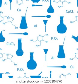 Scientific vector seamless pattern with flasks, test tubes, beakers, tools and formulas. Education elements. Chemistry, biology, medicine.