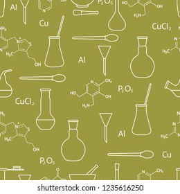 Scientific vector seamless pattern with flasks, test tubes, beakers, tools and formulas. Education elements. Chemistry, biology, medicine.