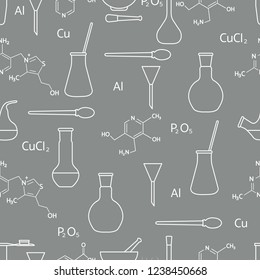 Scientific vector seamless pattern with flasks, test tubes, beakers, tools and formulas. Education elements. Chemistry, biology, medicine.