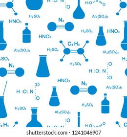 Scientific vector seamless pattern with flasks, beakers, molecule structure and formulas. Education elements. Chemistry, biology, medicine.
