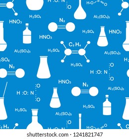 Scientific vector seamless pattern with flasks, beakers, molecule structure and formulas. Education elements. Chemistry, biology, medicine.