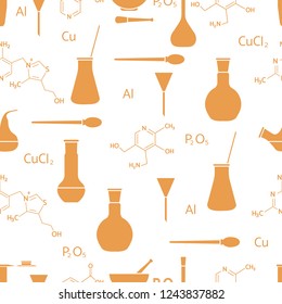 Scientific vector seamless pattern with flasks, test tubes, beakers, tools and formulas. Education elements. Chemistry, biology, medicine.