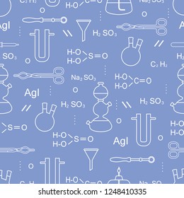 Scientific vector seamless pattern with flasks, burners, funnels, tools and formulas. Education elements. Chemistry, biology, medicine.