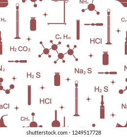 Scientific vector seamless pattern with flasks, test tubes, beakers, tools and formulas. Education elements. Chemistry, biology, medicine.