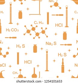 Scientific vector seamless pattern with flasks, test tubes, beakers, tools and formulas. Education elements. Chemistry, biology, medicine.