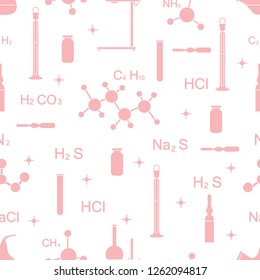 Scientific vector seamless pattern with flasks, test tubes, beakers, tools and formulas. Education elements. Chemistry, biology, medicine.
