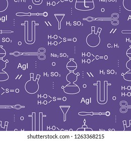 Scientific vector seamless pattern with flasks, burners, funnels, tools and formulas. Education elements. Chemistry, biology, medicine.