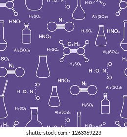 Scientific vector seamless pattern with flasks, beakers, molecule structure and formulas. Education elements. Chemistry, biology, medicine.
