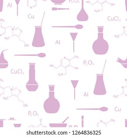 Scientific vector seamless pattern with flasks, test tubes, beakers, tools and formulas. Education elements. Chemistry, biology, medicine.