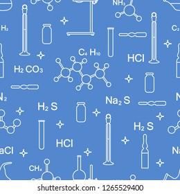 Scientific vector seamless pattern with flasks, test tubes, beakers, tools and formulas. Education elements. Chemistry, biology, medicine.