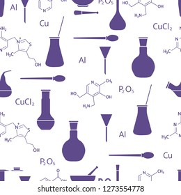 Scientific vector seamless pattern with flasks, test tubes, beakers, tools and formulas. Education elements. Chemistry, biology, medicine.