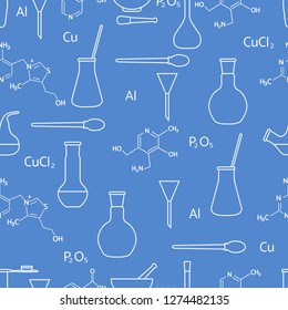Scientific vector seamless pattern with flasks, test tubes, beakers, tools and formulas. Education elements. Chemistry, biology, medicine.