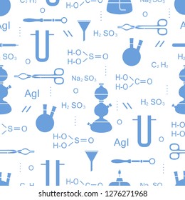 Scientific vector seamless pattern with flasks, burners, funnels, tools and formulas. Education elements. Chemistry, biology, medicine.