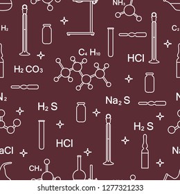 Scientific vector seamless pattern with flasks, test tubes, beakers, tools and formulas. Education elements. Chemistry, biology, medicine.