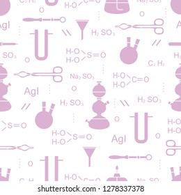 Scientific vector seamless pattern with flasks, burners, funnels, tools and formulas. Education elements. Chemistry, biology, medicine.